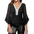 thumbnail image 6 of Pxkloy Sequin Tops for Women Party Night Casual Work Shirts 3/4 Ruffle Sleeve V Neck Blouses Mesh Fall Fashion Outfits Black,S, 6 of 7
