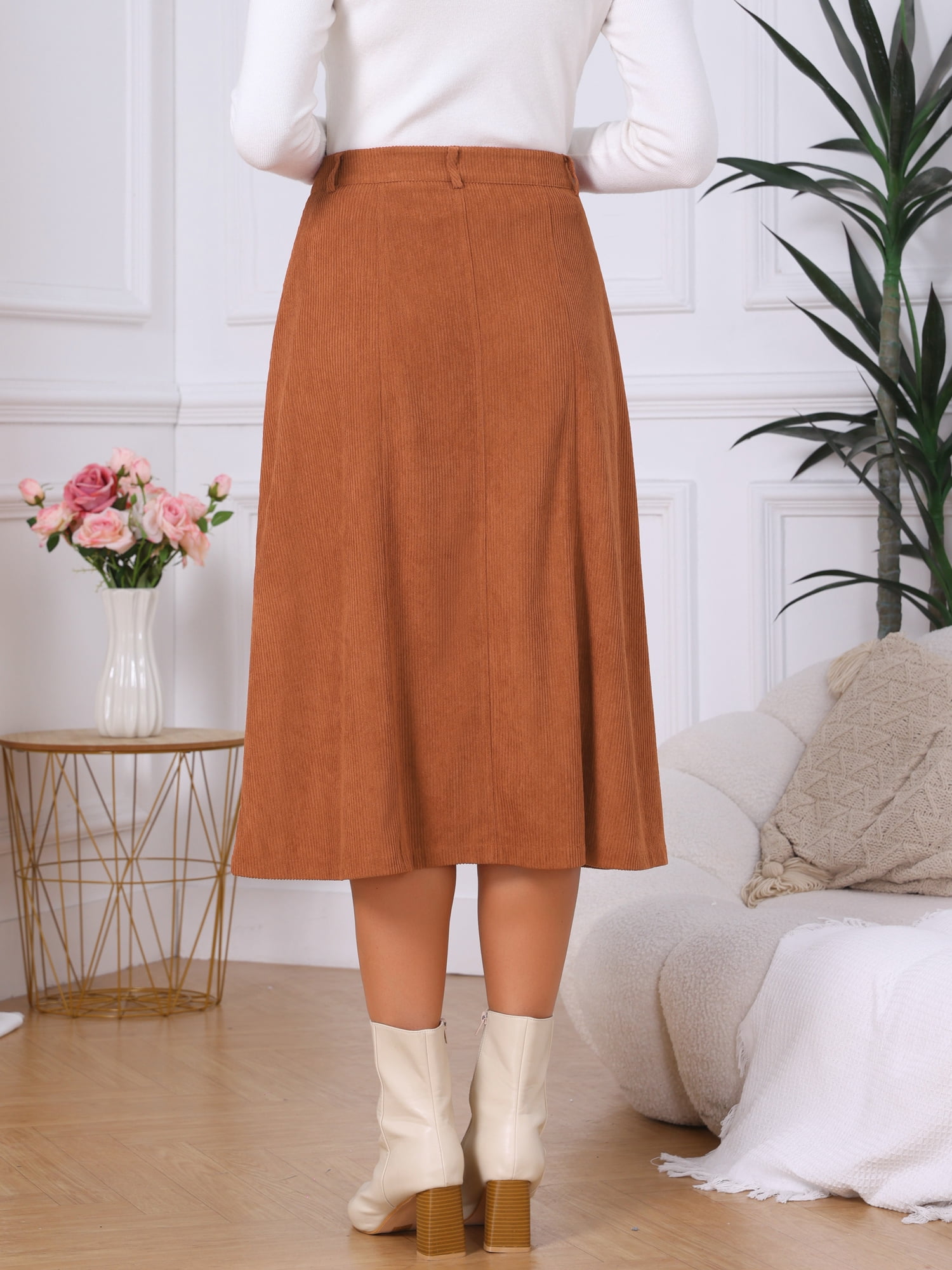DARING DIVA Women's Corduroy A Line Midi Button Down Pockets Skirt XL Caramel