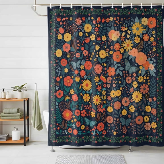 Shower Curtain Vintage Floral Leaf Shower Curtains for Bathroom Decor, Waterproof Polyester Shower Curtain Set with Hooks, Standard Size 72" x 72" Watercolor Wildflower Black