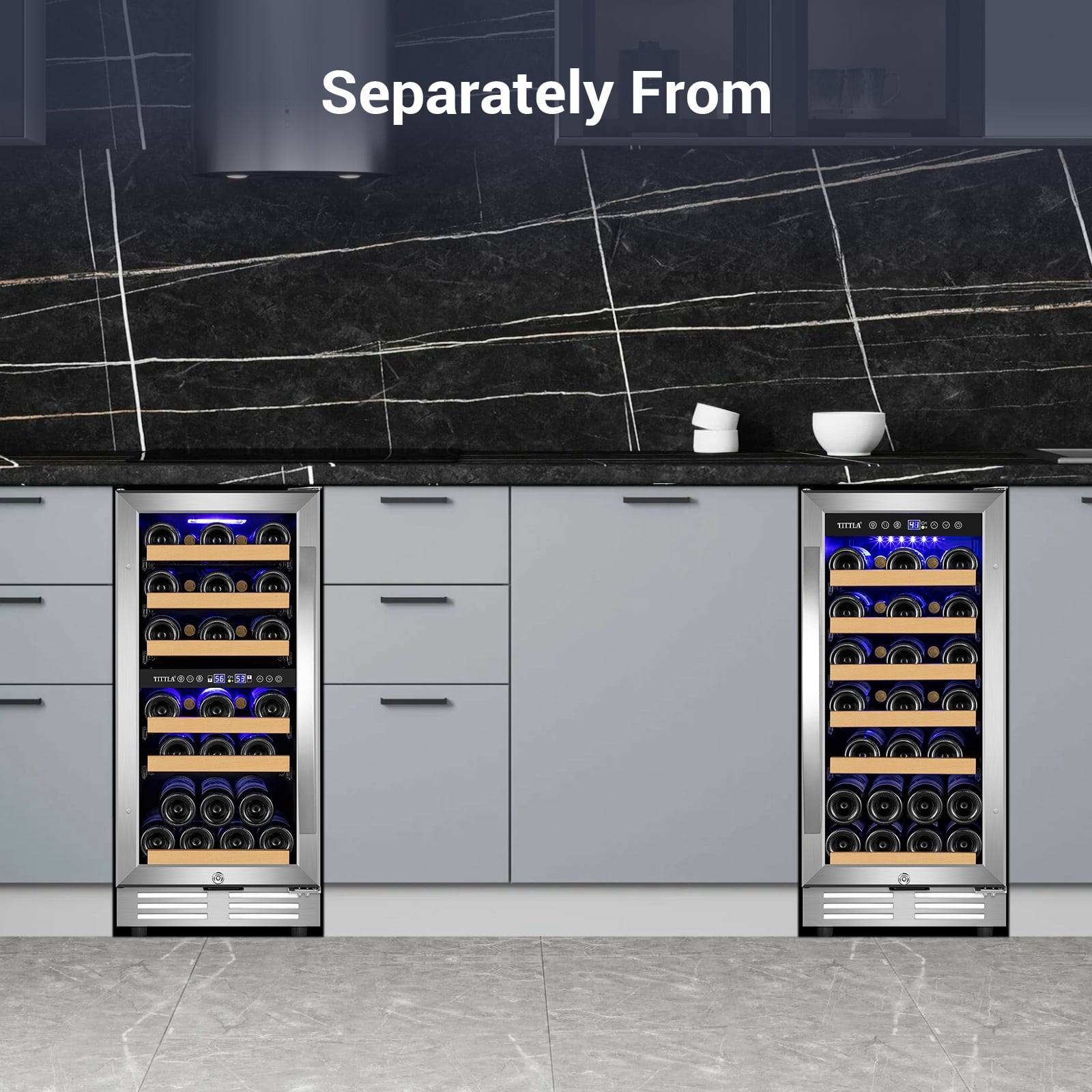 Tittla 15 Inch Dual Zone Wine Cooler and 15 Inch Single Zone Wine Cooler 60 Bottle with Upgraded Compressor Under Counter or Freestanding Low Noise
