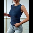 thumbnail image 3 of Top Informal de Verano de Punto Acanalado con Cuello Redondo, Corte Entallado, Básico, Texturizado, Sin Mangas, Azul Marino, XXL, 3 of 5