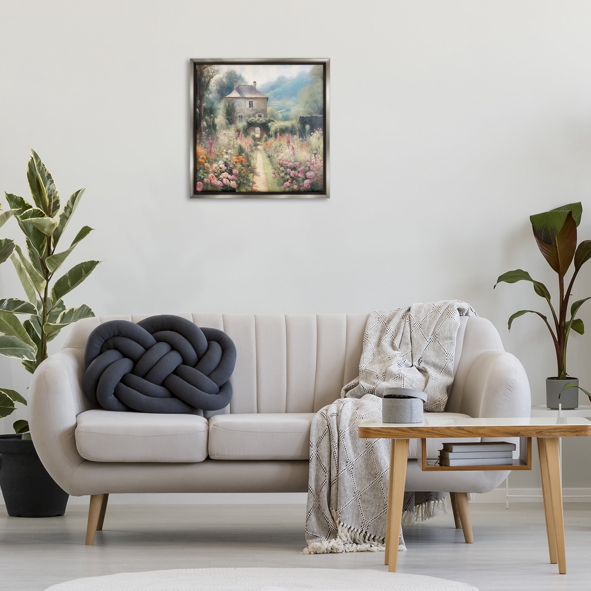 Stupell Industries Blooming Cottage Path Landscape Painting Gray Floater Framed Canvas Art Print Wall Art, 25 x 25