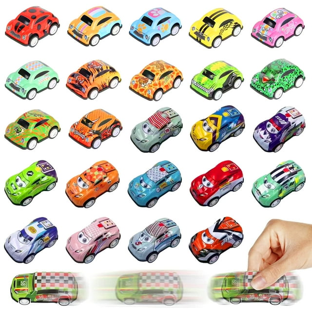 Randomly 10Pcs Mini Pull Back Cars, a set of 10 multicoloured toy cars with cartoon designs and two different models. These friction-powered cars are made of high-quality alloy material, safe and durable for children aged 2 to 5. The image shows various brightly coloured cars with unique patterns, including stripes, checkers, and animal prints, arranged in rows. A hand demonstrates the pull-back mechanism, where the car moves forward after being pulled back. Suitable as birthday gifts or play vehicles for young children.