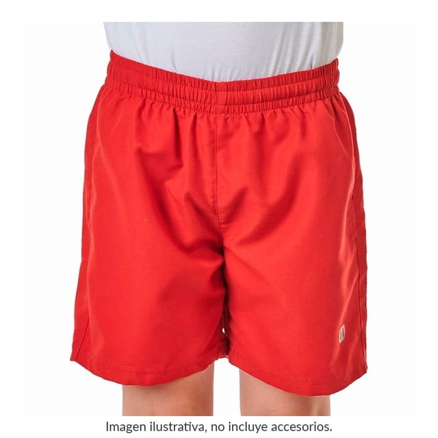 Short Wilson para niño juvenil, deportivo rojo talla 12 con vista frontal, pretina elástica, corte recto por encima de la rodilla y logo pequeño en pierna derecha; tela de tacto suave y acabado liso, adecuado para actividad física y uso diario.