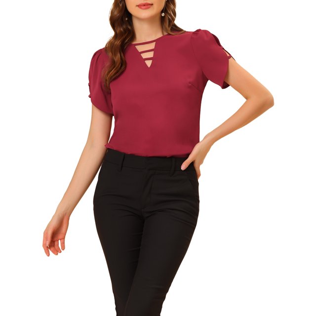 INSPIRE CHIC Blouse Décontractée à Col Fendu avec Découpe en V pour Femmes, Poignets Coupés, Bourgogne