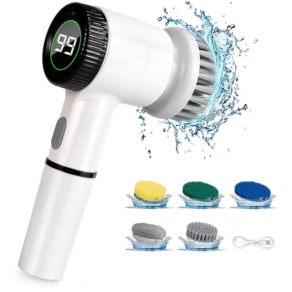 Electric Spin Scrubber, Cordless Shower Scrubber with 5 Replaceable Heads, 3 Speeds Electric Power Scrubber for Cleaning, Full-Waterproof Cleaning Brush for Bathroom Kitchen Sink