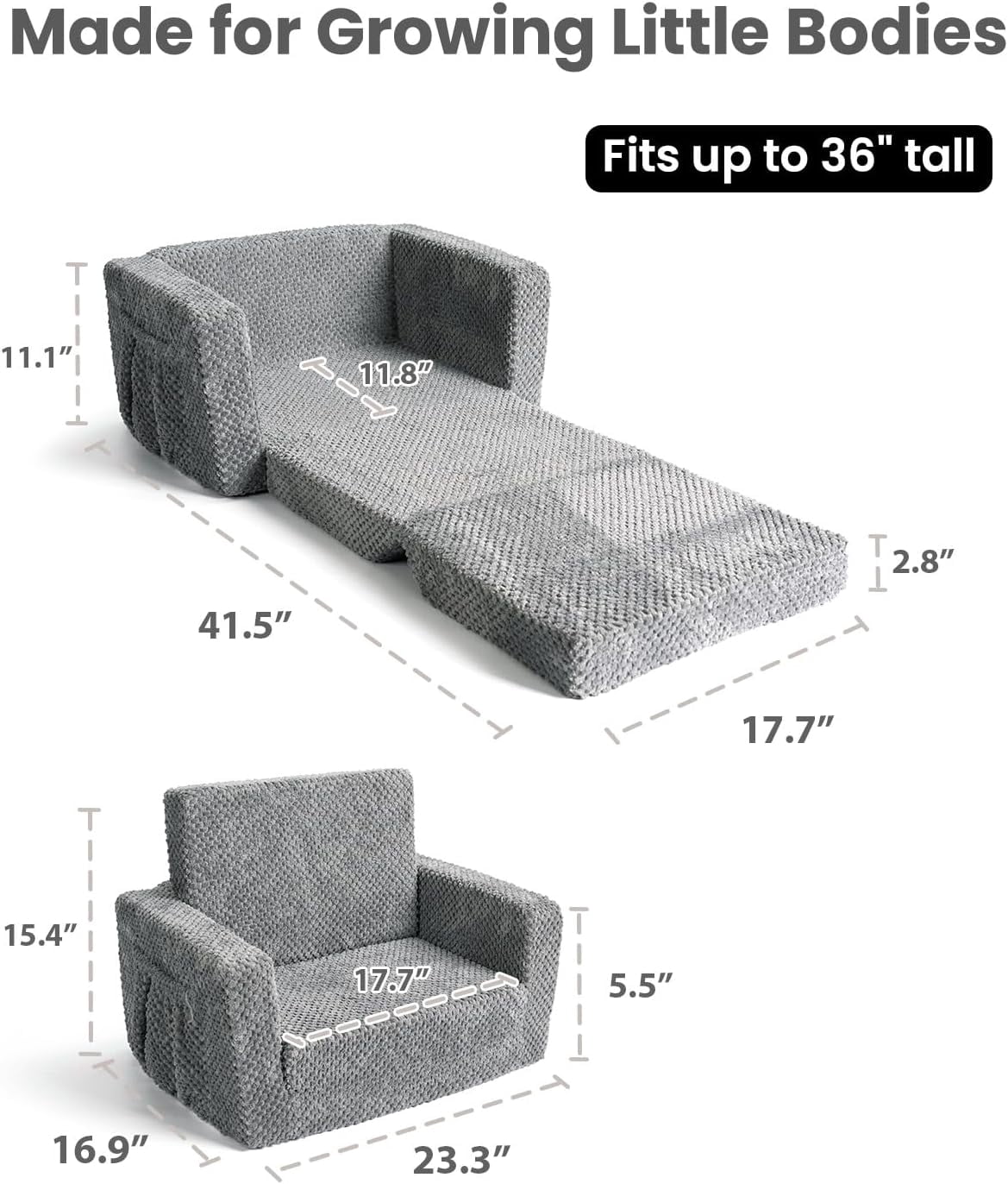 Beavtaens Foldable Toddler Couch with Soft Sherpa Cover, 2-in-1 Comfy Toddler Sofa & Lounger for 1-3 Years Old Girls Boys, Kids Chair with Pockets & Handle for Reading, Playroom (Gray)