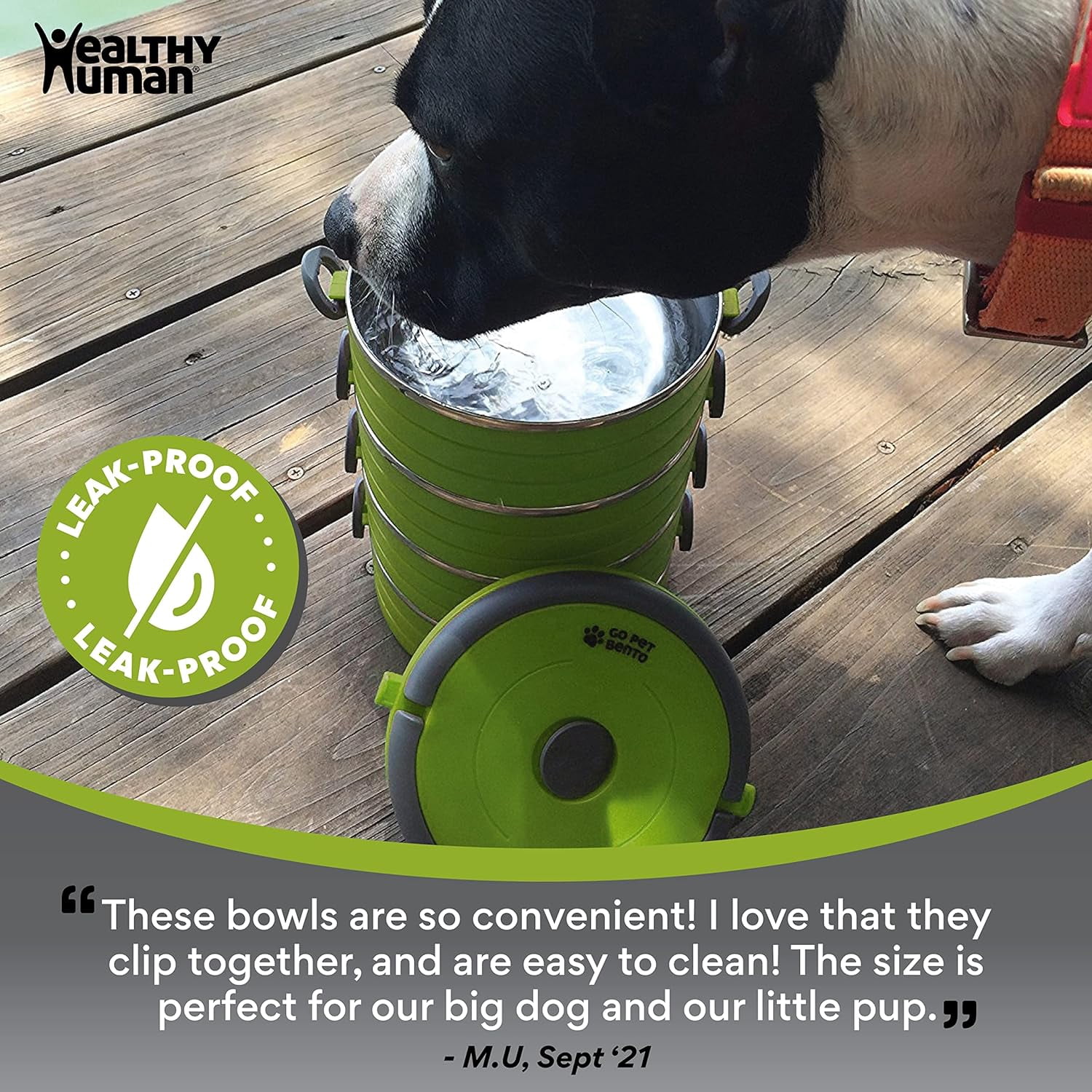 Healthy Human Travel Dog Bowls | Stainless Steel Go Pet Bento Bowl | Stackable Cat & Dog Food Bowls | Leak Proof | Set of 3 Interlocking Bowls, 2 Spare Clips, 1 Spare Handle (Green)