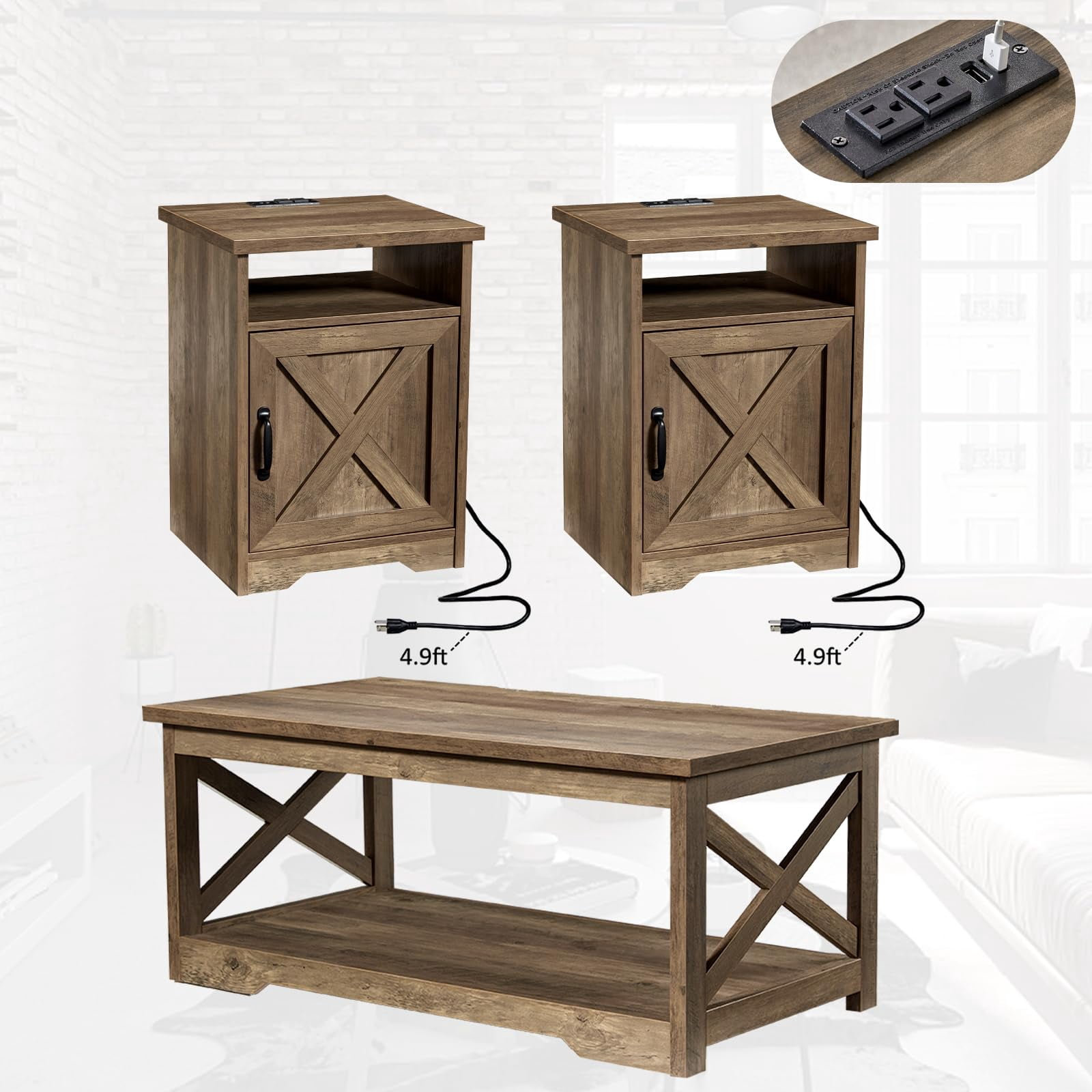 LUXOAK 3-Piece Farmhouse Table Set, Coffee Table & Two End Tables with Charging Station, Barnwood