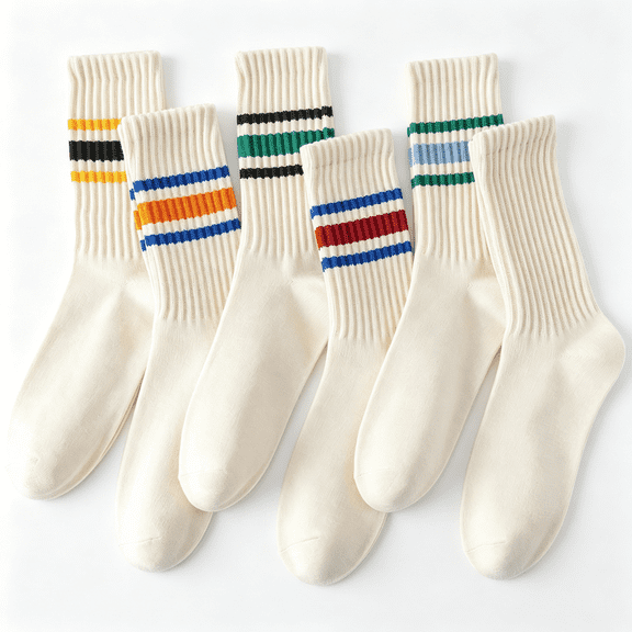 OQRKI 6 Pairs of Neutral Crew Socks, Striped Retro Sports Calf Leather Socks, Casual Cotton Socks for Men & Women（7-15）, Socks for Men