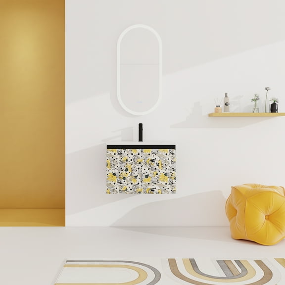 24" Floating Wall-Mounted Bathroom Vanity with Ceramics Sink & Soft-Close Cabinet Door, Yellow