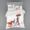 thumbnail image 1 of Dog Duvet Cover Set, Young Modern Girl Taking Pack Dog for a Walk in the Rain Fun Joyful Times Print, Bedding Set with Shams and Fitted Sheet, 3 Sizes, by Ambesonne, 1 of 3