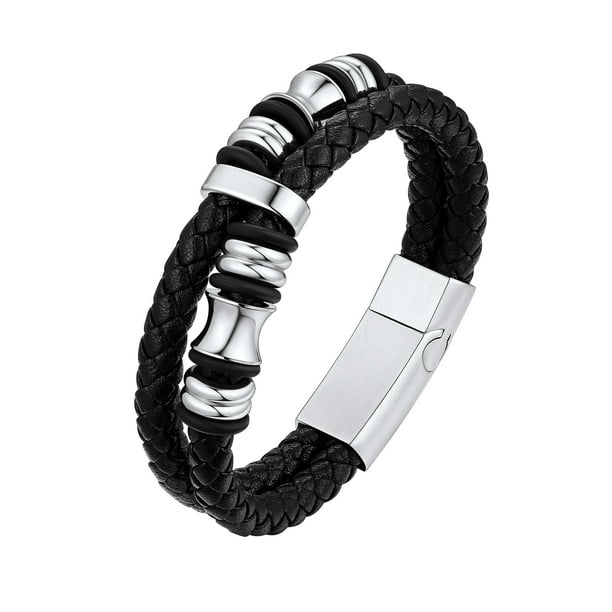 Bestyle Men Double-Row Braided Leather Bracelet Stainless Steel Bead ...