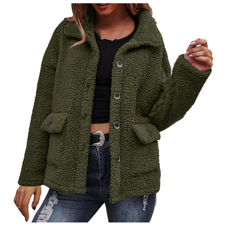 

mveomtd Women s Turndown Collar Solid Color Thick Slim Sweatshirt Long Sleeve Plush Coat Maternity plus Size Jacket Green