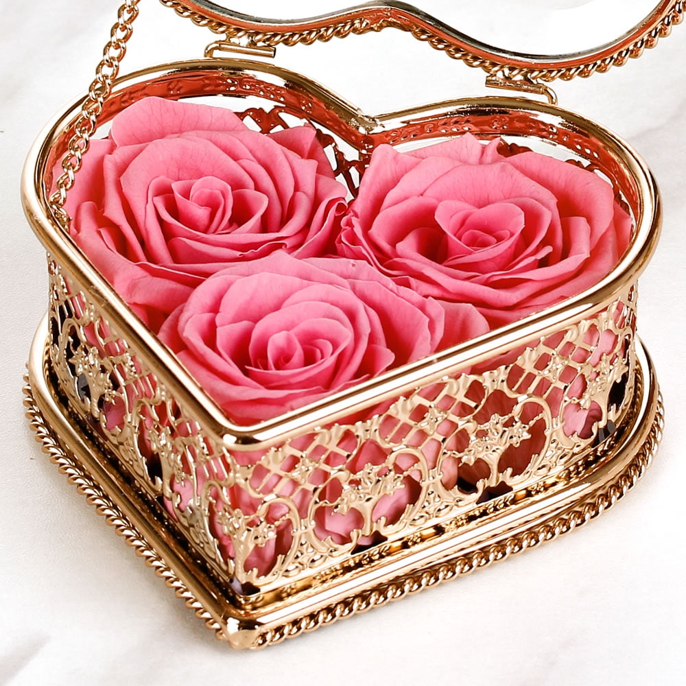 Enchante Preserved Forever Rose Vintage Heart Jewelry Box, Wedding Anniversary Birthday Valentine's Day Mother's Day Gift Eternity Flower, Pink