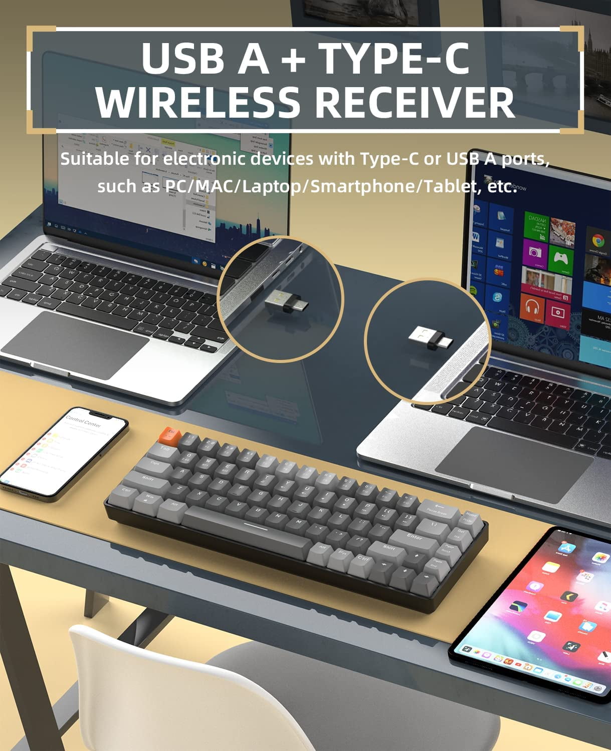ZIYOULANG K68 60% Wireless Mechanical Keyboard, Bluetooth 5.0/2.4GHz, Ergonomic, Blue Switch