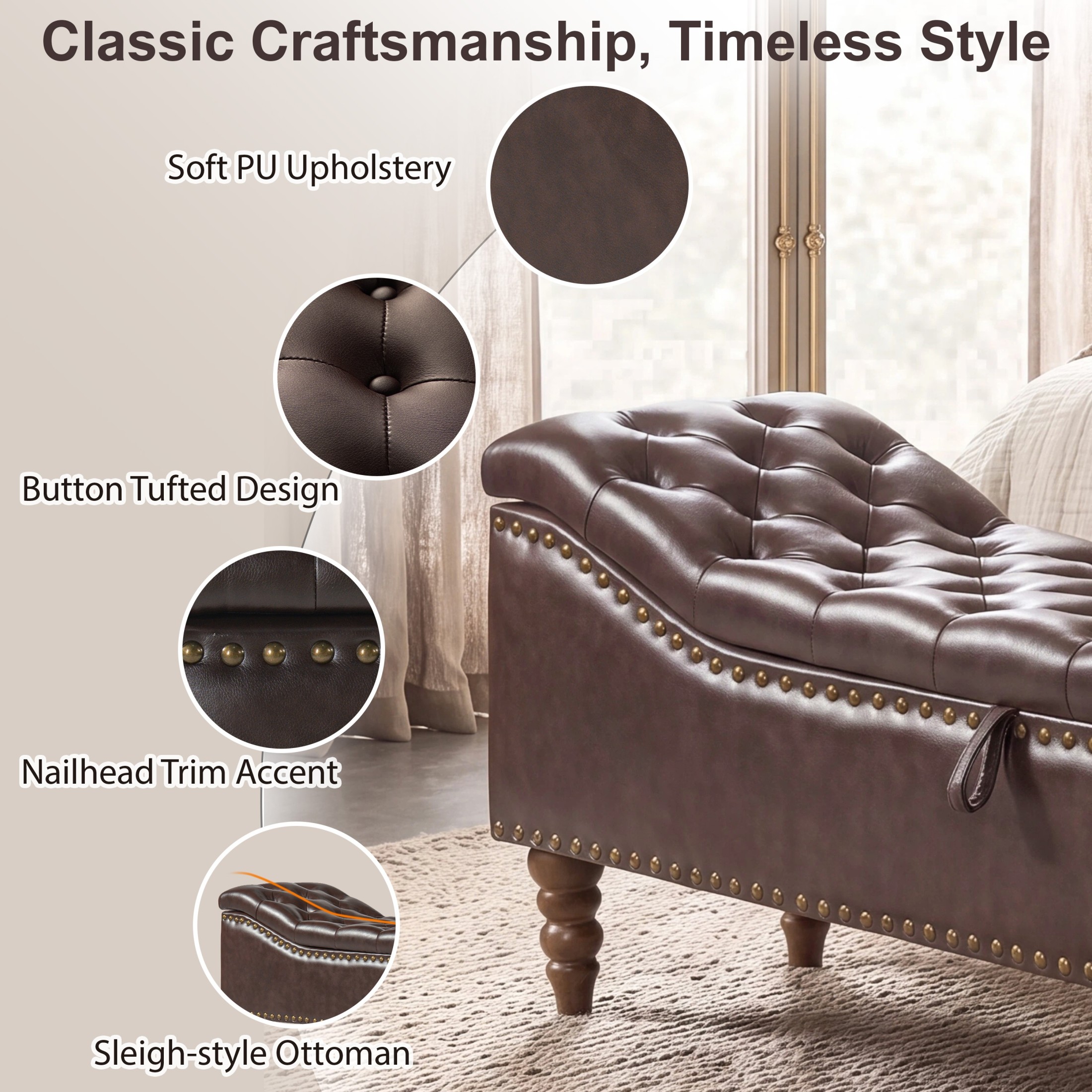 Christopher Knight Home PU Leather Storage Bench, Button-Tufted Ottoman with Nailhead Trim, Dark Brown