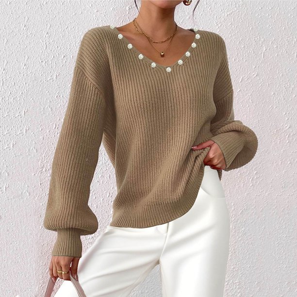 Suéter de cuello en V para mujer, suéter informal, suéter, tops, cuello en V, manga larga, blusa de punto, tops acrílicos para mujer