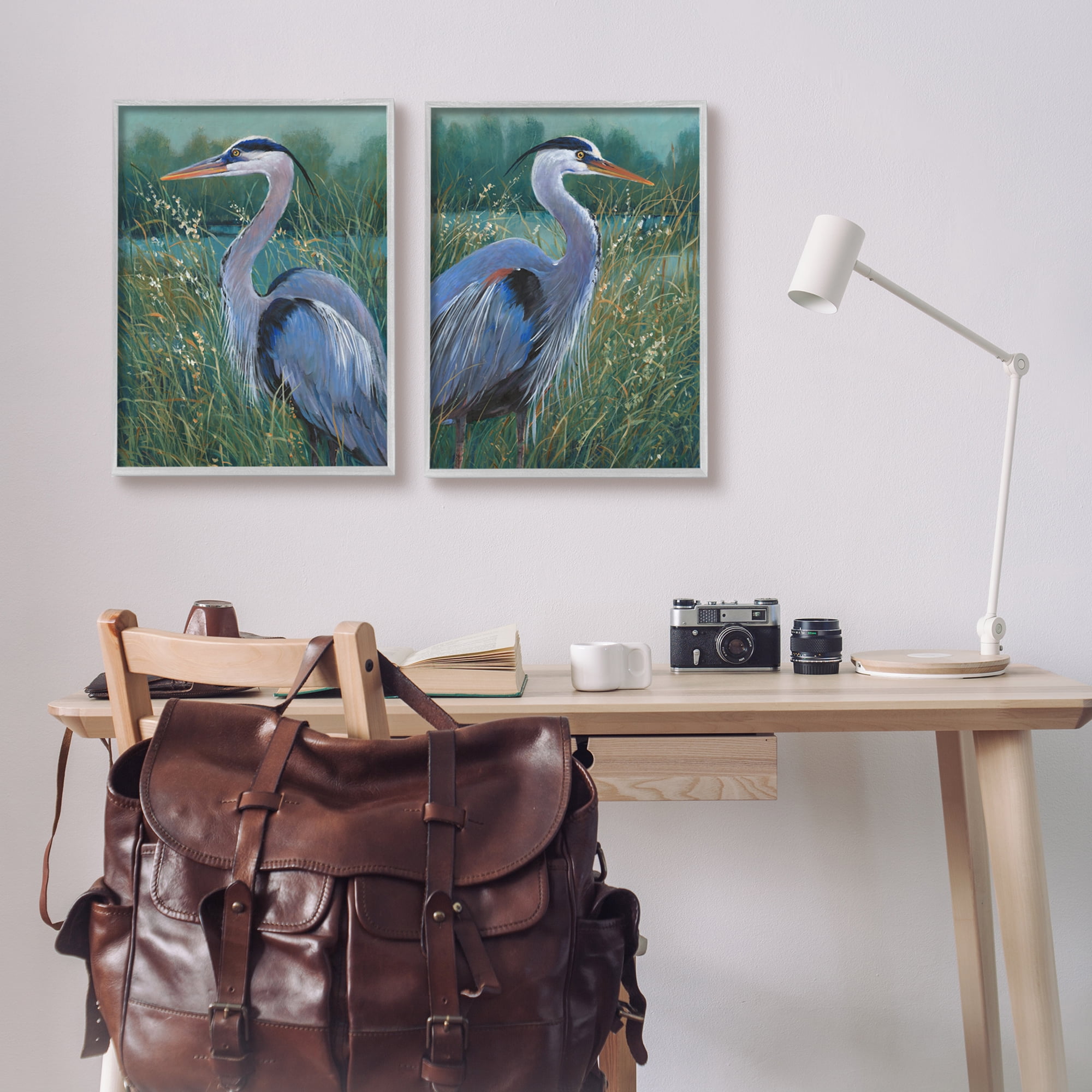 Stupell Industries Herons & Lake Landscape Animals & Insects Painting Gray Framed Art Print Wall Art, 16 x 20