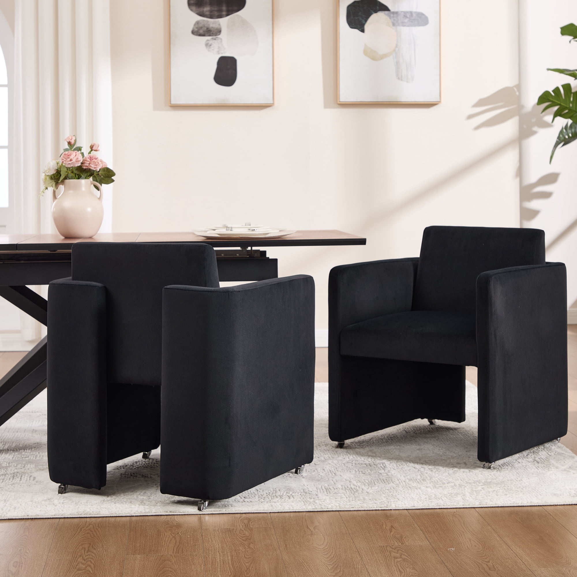 Leumius Modern Barrel Dining Chair, Accent Kitchen Chair with Arms Comfy Velvet Fabric, Side Chair for Living Room Home Office Reception, Black