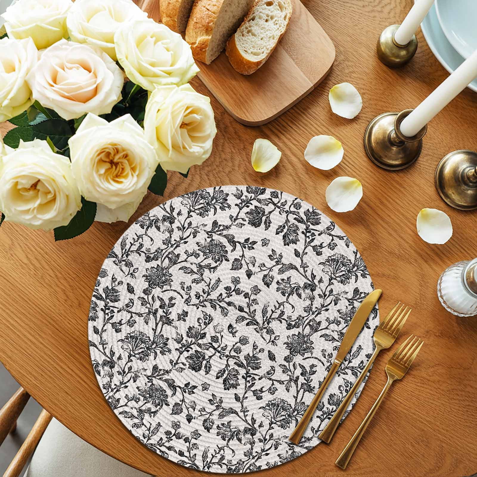 Farmhouse Black Round 13 Inch Placemats Set of 2, Vintage Flower Leaf Botanical Plant HeatResistant Non Slip Place Mats for Dining Table, Wipeable Braided Kitchen Table Mats for Housewarming