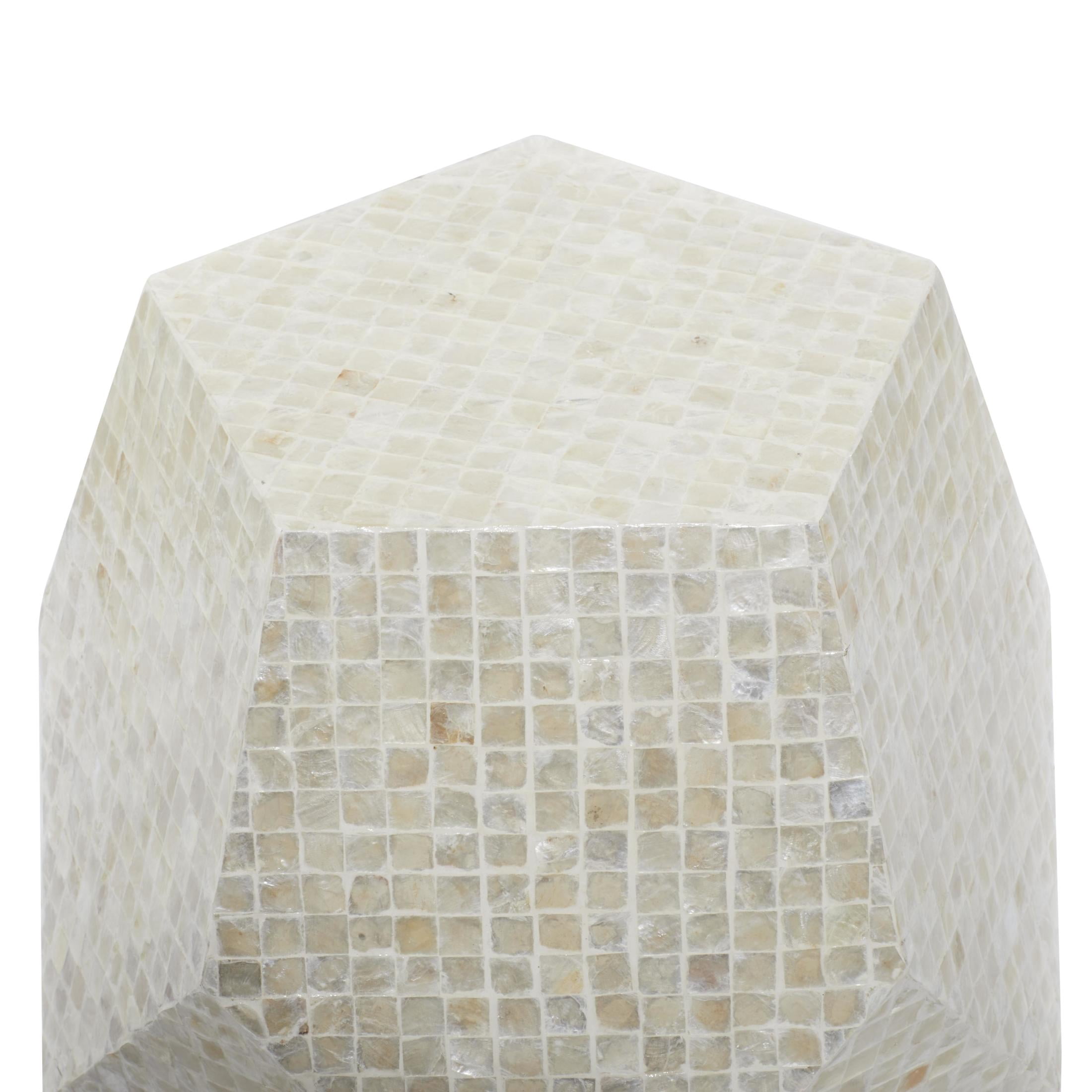 DecMode 16" x 19" Cream Mother of Pearl Shell Handmade Mosaic Inlay Geometric Accent Table, 1-Piece