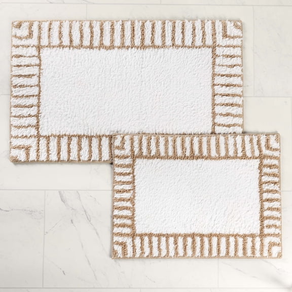 Superior Inaya Striped Shag Washable Bath Rug, Set of 2, Large, White/Beige