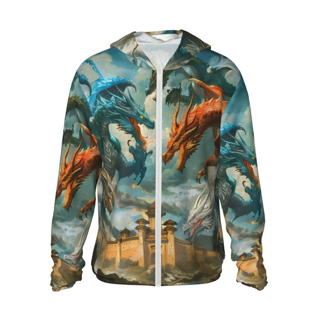 Vsdgher Rouge Bleu Dragon Bataille Épique Imprimé Sweat à Capuche Adulte pour Hommes Femmes, Manches Longues Protection Solaire Chemises de Pêche pour Course Natation-TTG