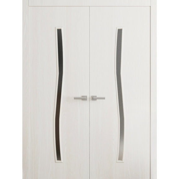 Interior Solid French Double Doors 36 x 80 in - LUNO 2003 Ash - Wood Interior Solid Panel Frame - Closet Bedroom Modern Doors