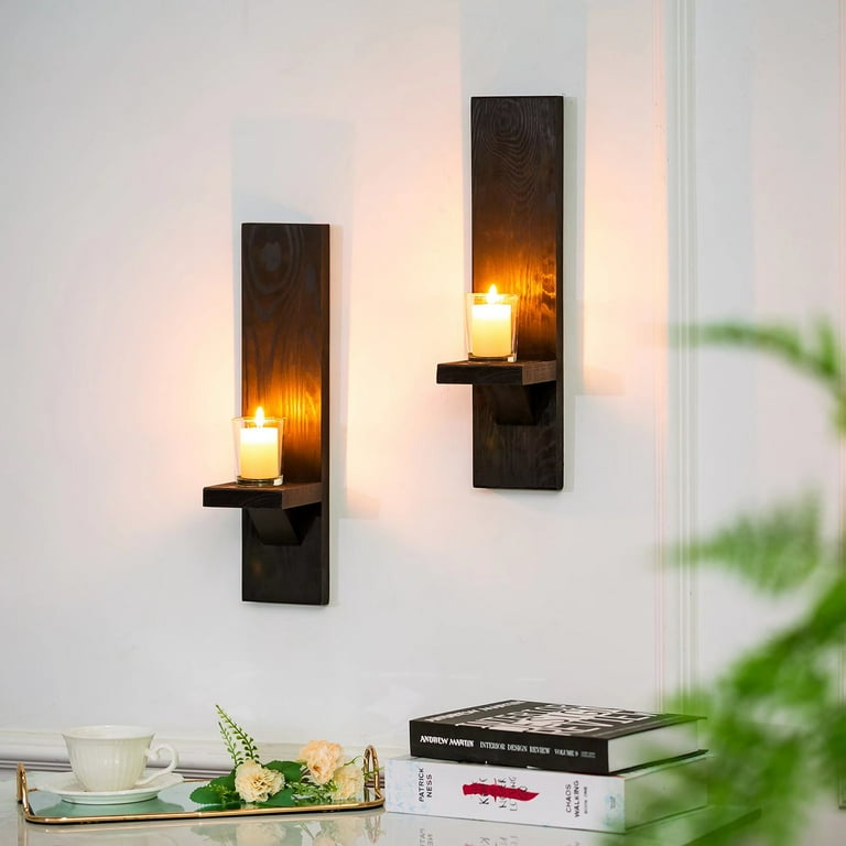 Sziqiqi Farmhouse Candle Sconces Wall Decor Set of 2 Black Wooden Wall  Candle Holders for Living Room 