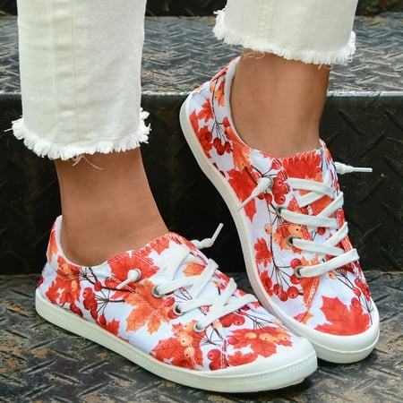 

Ladies Maple Leaf Pumpkin Pattern Slip On Casual Shoes Low Top Shoes Soft Sole Massage Flat Sneakers Fashion Casual
