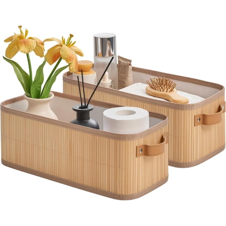 Narrow Storage Bins Small Basket for Closet and Shelves Toilet Paper Storage Organizer with Handles for Countertop-Bathroom- Decor 2-Pack