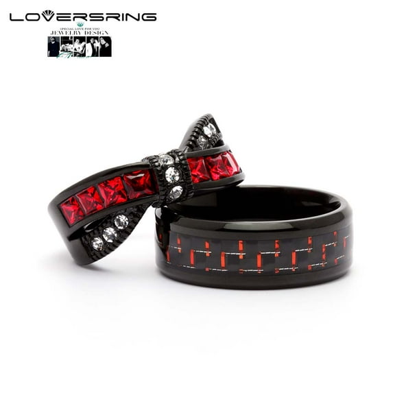 His and Hers Wedding Ring Sets Couples Rings Black Gold Plated Square Cz Stainless steel band