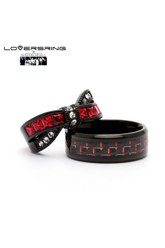 His and Hers Wedding Ring Sets Couples Rings Black Gold Plated Square Cz Stainless steel band