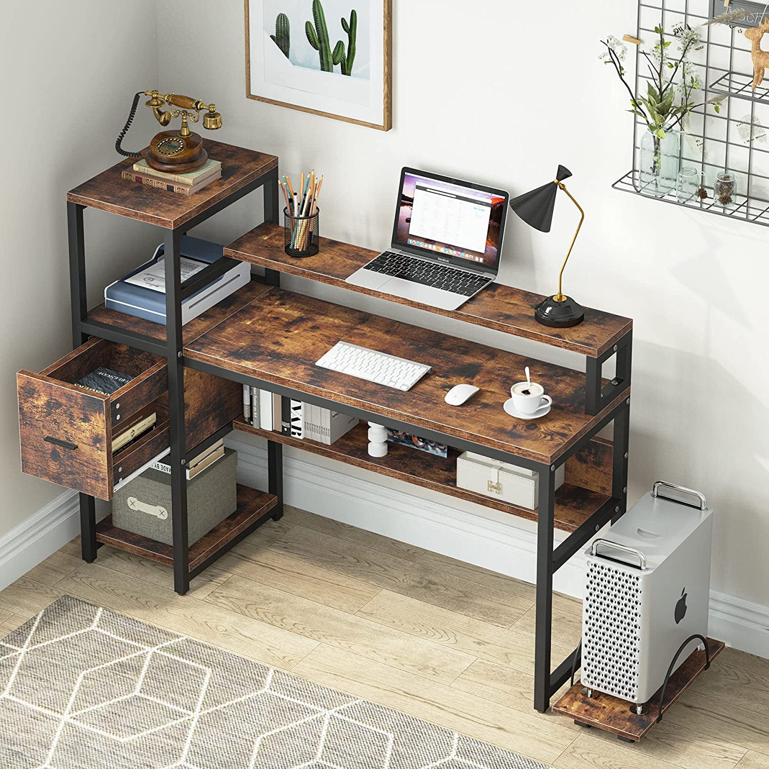 Tribesigns 1 Drawer Computer Desk With Hutch And 3 Tier Storage Shelves 55 Inch Home Office Monitor Stand Shelf Study Writing Table Workstation Cpu Bookshelf Com
