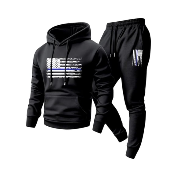 Sewkxo Ensemble de Survêtement pour Hommes Léger en Molleton avec Imprimé Drapeau Américain, Sweat à Capuche et Pantalon de Survêtement à Cordon, Automne Hiver, Couleur Unie, Ensemble de Survêtement Côtelé avec Poche, Noir TG