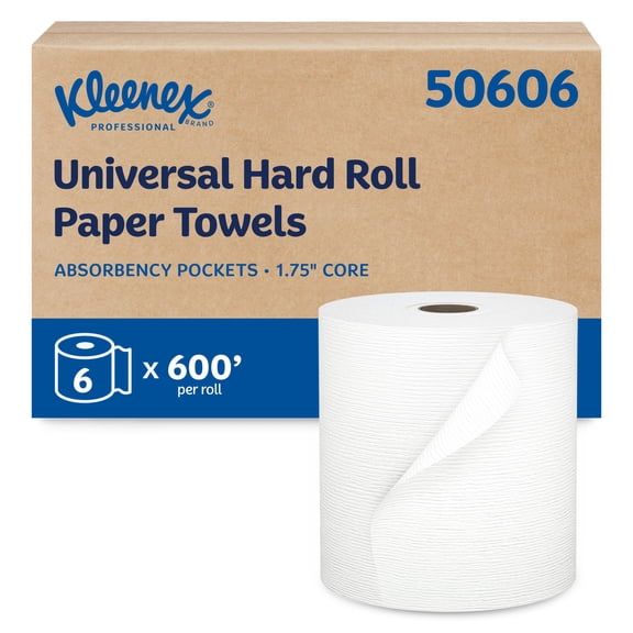 Kleenex® Universal Hard Roll Paper Towels, Bulk (50606), Hardwound 1.75" Core, Premium Absorbency Pockets™, White, (600'/Roll, 6 Rolls/Case, 3,600'/Case)