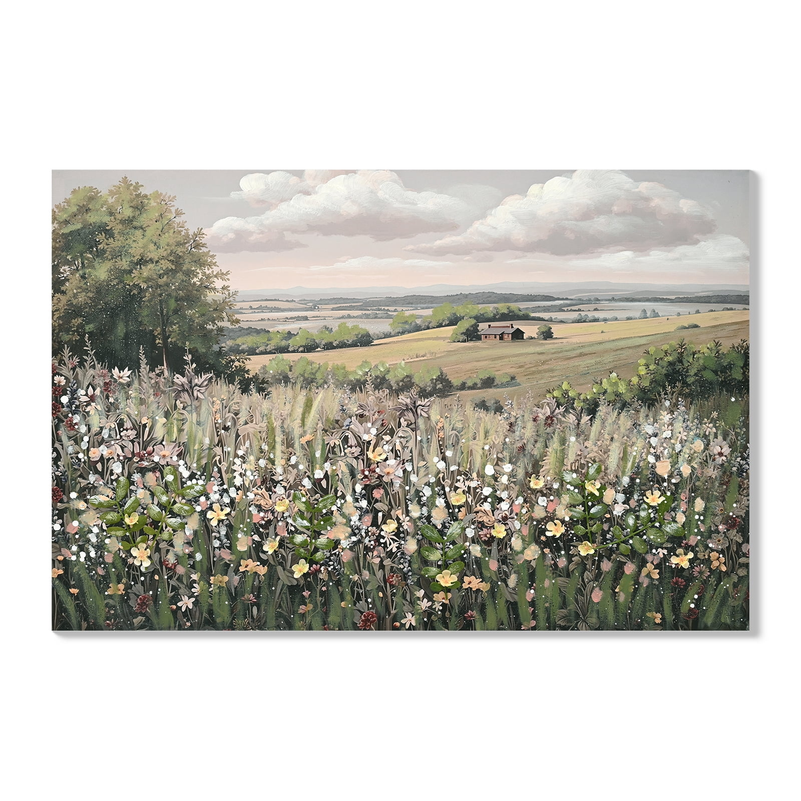 Euroco Vintage Landscape Wall Art, Framed Canvas Meadow with Flowers Art,Classical Wilderness Painting Hallway Decor,Painting Bedroom Bathroom Office, 24"x36"