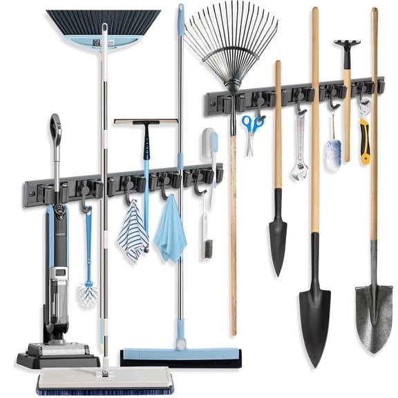 2 Pack Broom Holder Wall Mount with 5 Holders & 4 Hooks, Adjustable Removable Wall Mounted Broom Tool Storage Stainless Steel Self-Adhesive for Garden Tool Organizers Home Kitchen Bathroom,Grey