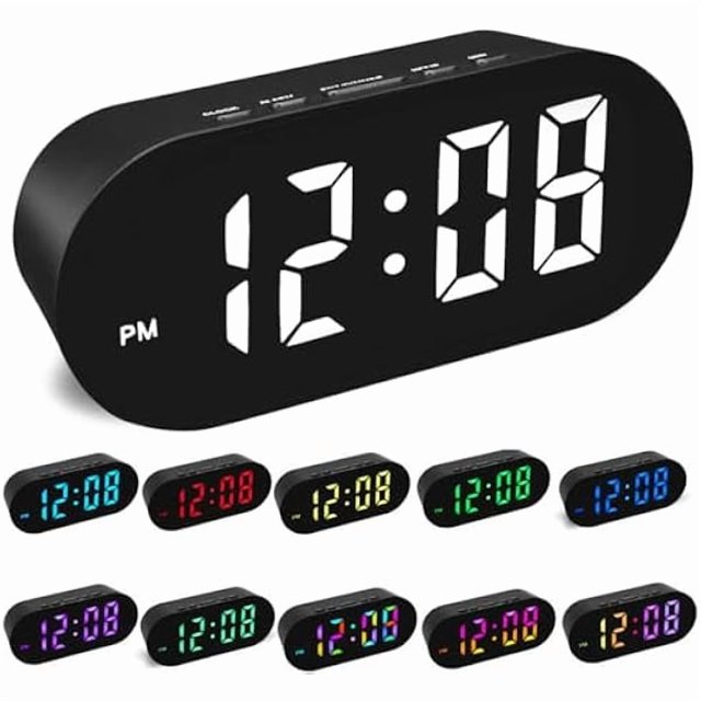 wonima44 FAMICOZY Small Simple Digital Alarm Clock,11 Color Options for Digits,Night Mode Auto Dim Auto Brighten,7 Adjustable Brightness,Large Numbers,Crescendo Loud Alarm for Bedroom Bedside,Black