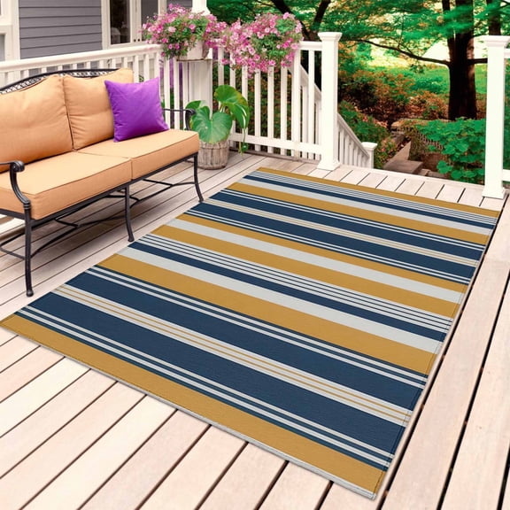 Blue Yellow Striped Outdoor Rug for Patio/Deck/Porch, Non-Slip Large Area Rug 4 x 6 Ft, Modern Stripes Art Indoor Outdoor Rugs Washable Area Rugs, Reversible Camping Rug Carpet Runner