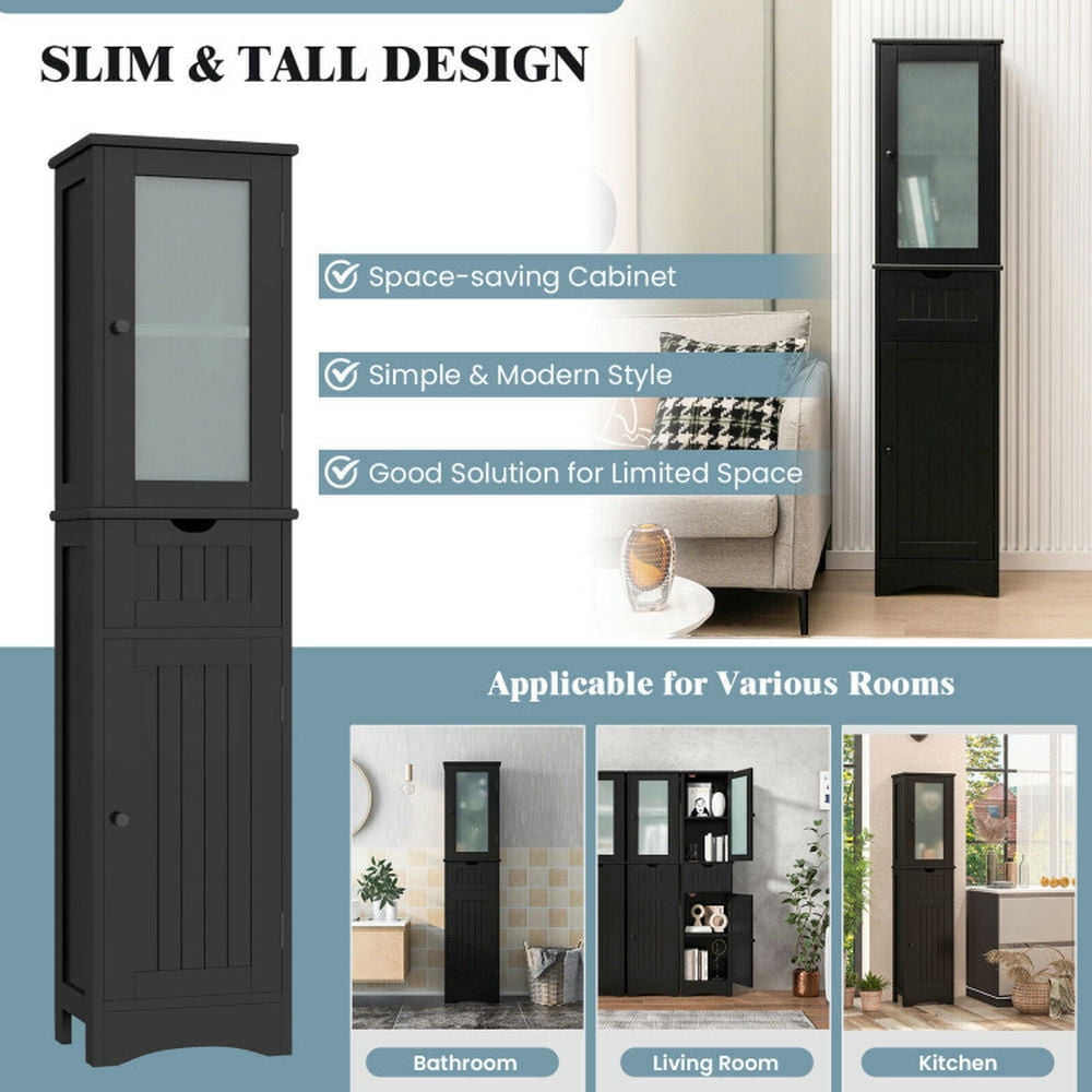 Finihen Bathroom Storage Cabinet, Bathroom Floor Cabinet, Tall Floor Storage Cabinet with 2 Doors and 1 Drawer for Bathroom, Living Room, Bedroom, Kitchen, Black Finihen Bathroom Storage Cabinet, Bathroom Floor Cabinet, Tall Floor Storage Cabinet with 2 Doors and 1 Drawer for Bathroom, Living Room, Bedroom, Kitchen, Black
