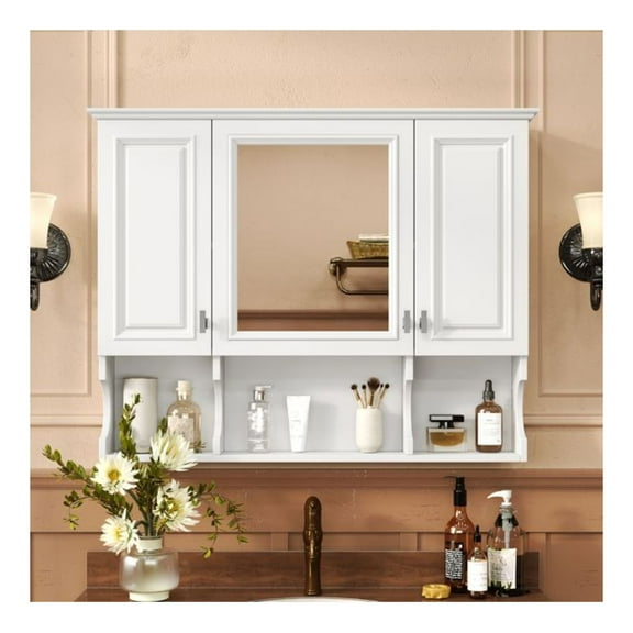 35''x28'' Bathroom Medicine Cabinet Wall Mounted, Modern Mirror Cabinet with Shelves, White Finish Storage for Bathroom Bedroom