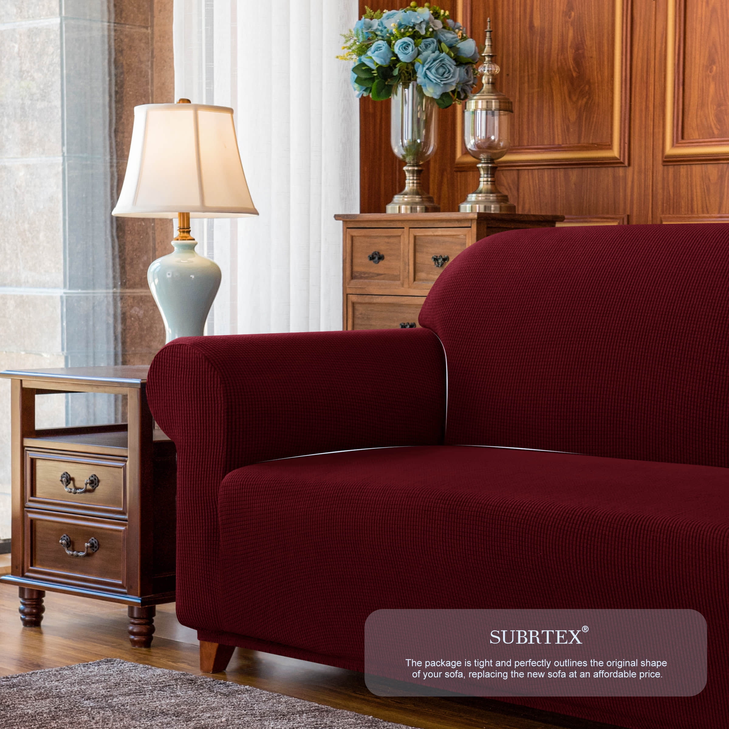 Subrtex Stretch 1-Piece Textured Grid Loveseat Slipcover, Wine