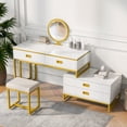 thumbnail image 2 of GO Modern Style Vanity Table With Movable Side Cabinet And 4-Drawers, Large Size Dressing Table With Mirror and 3-colors LED Light, Makeup Table With Stool, White, Golden Legs, 2 of 26