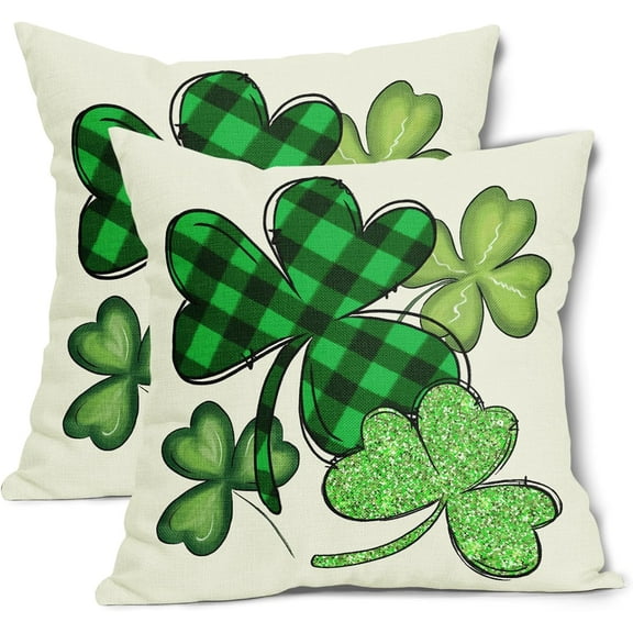 St Patricks Day Clover Pillow Covers 16X16 Inch Green Buffalo Plaid Check Lucky Shamrock Decorative Pillow Cases Spring Holiday Throw Pillows Set of 2 Home Party Decor for Sofa Porch Couch Outdoor