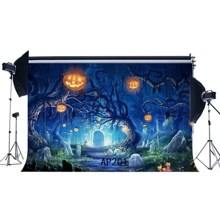 Image of ABPHOTO Polyester 7x5ft Photography Backdrops Halloween Horror Night Old Tree Pumpkin Seamless Newborn Baby Children Toddlers Kids Adults Masquerade Portraits Photo Background Photo Studio Props