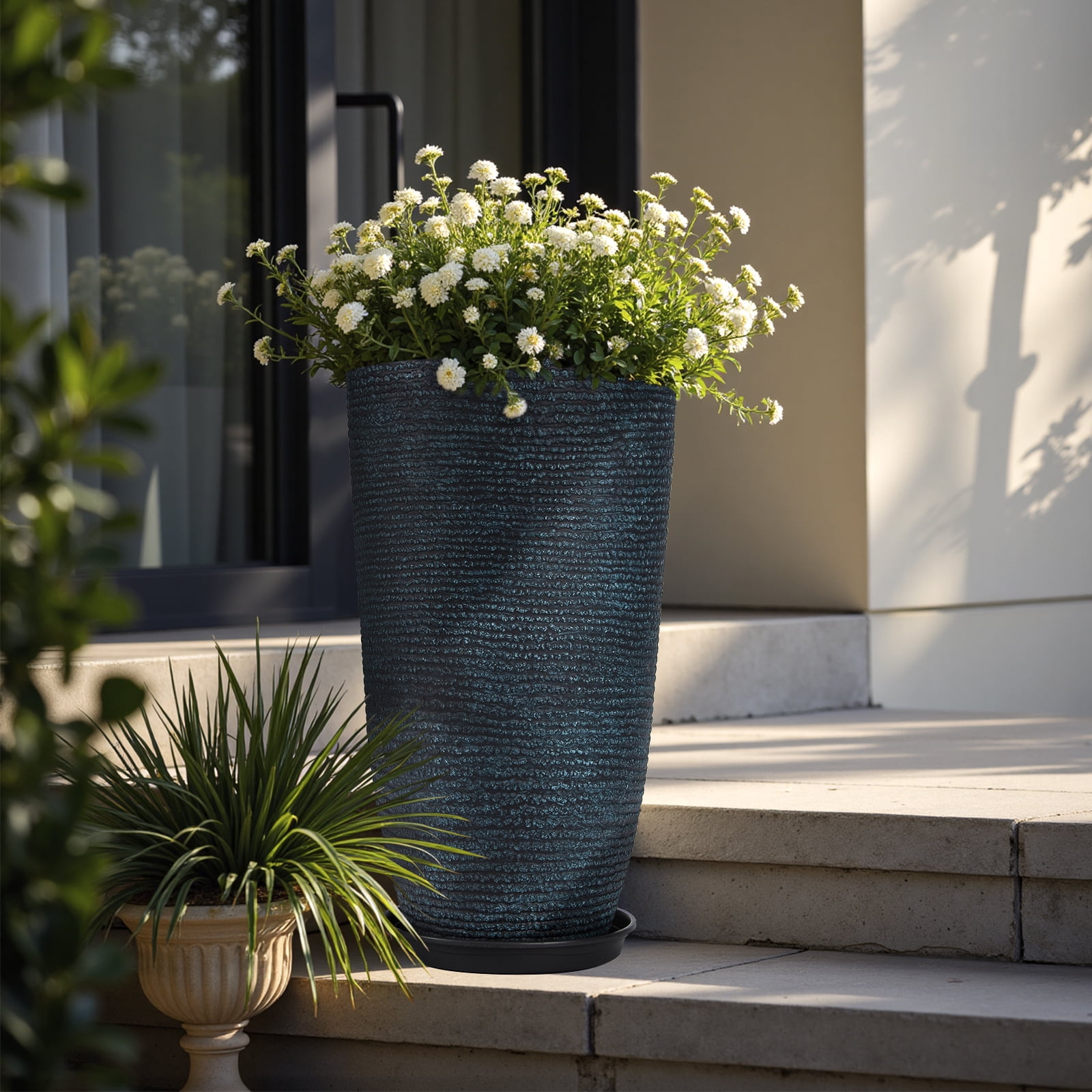 QCQHDU 21 inch Tall Planters with Saucer,2 Pack 9 Gallon Stone Round Pots for Indoor Plants,Outdoor Patio & Porch Decor, Heavy Duty Weatherproof Plant Containers,Blue