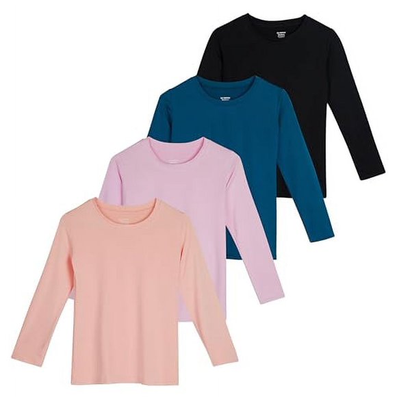 4 Pack: Girls Dry-Fit Long Sleeve Active Crew Neck T-Shirt - Super Soft Tee