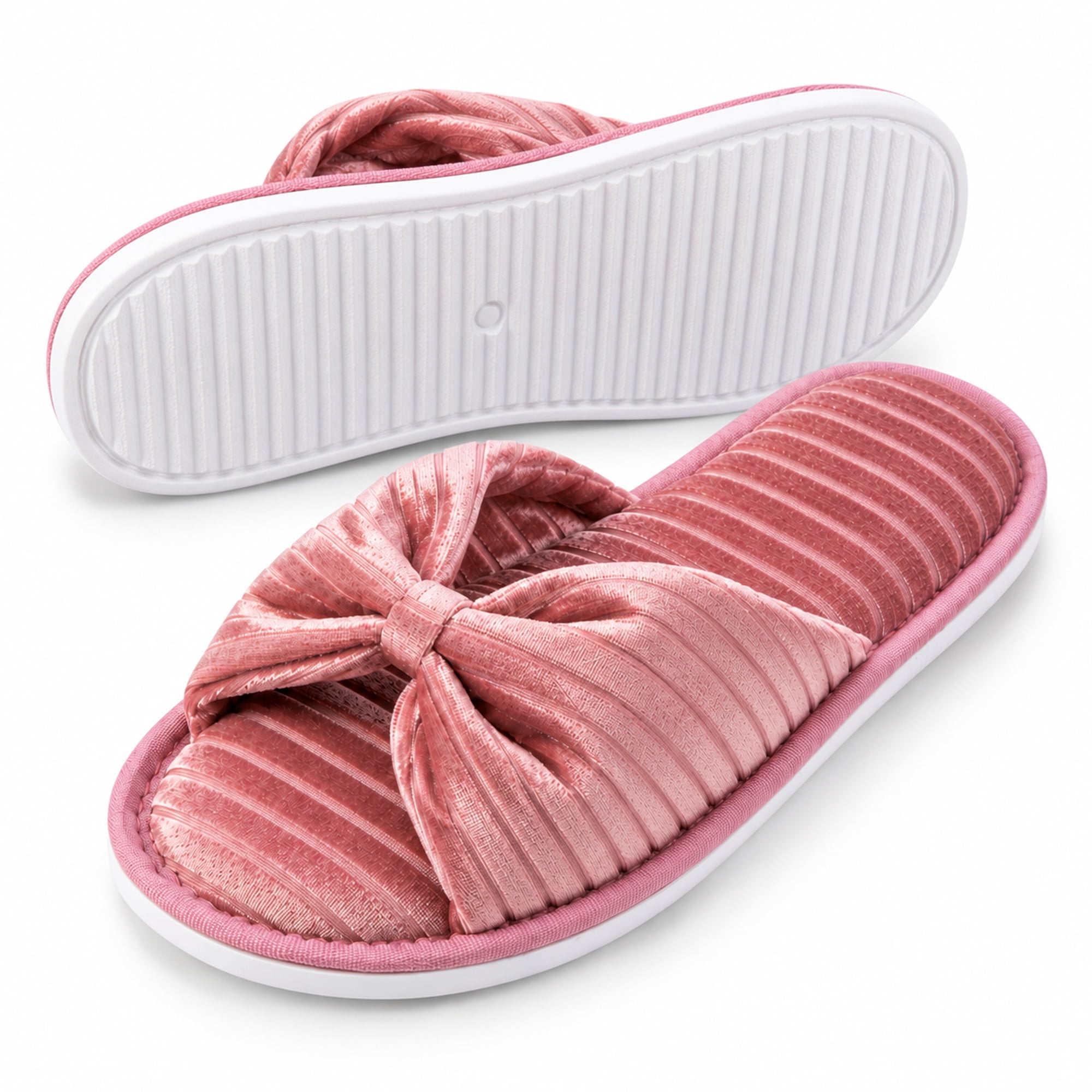 Women’s Memory Foam Open Toe Slide Slippers with Bow, Soft Cushioned Indoor House Shoes, Non-Slip Sole